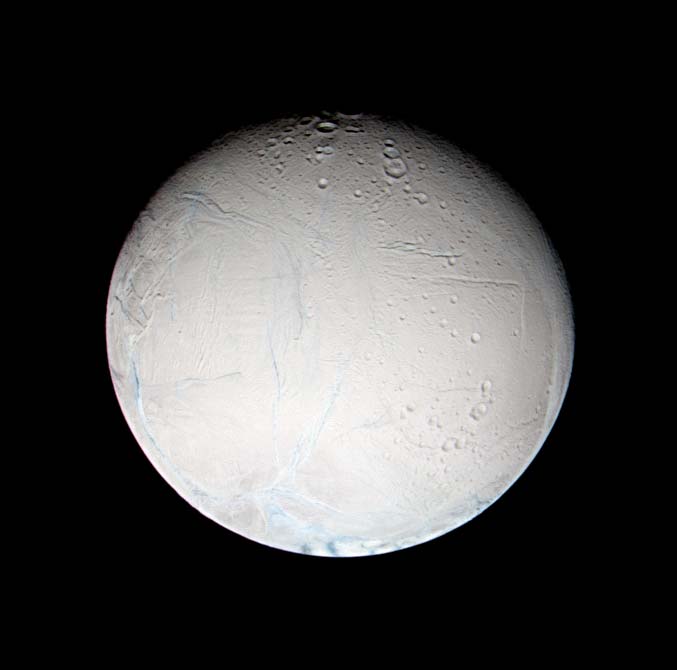 Foto van Enceladus (C) NASA., gemaakt 9 maart 2005