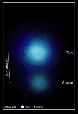 Pluto en zijn maan Charon op een afstand van 0,92 boogseconde van elkaar