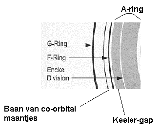 De Keeler-gap en het nieuwe maantje S2005S1 gesitueerd tussen de overige ringen van Saturnus