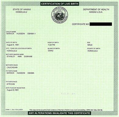 Het geboortecertificaat van Barack Obama: 4 aug. 1961 om 19.24 uur te Honolulu