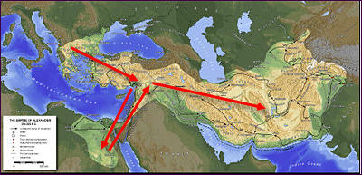 De omvang van het rijk van Alexander de Grote rond 323 v. Chr.