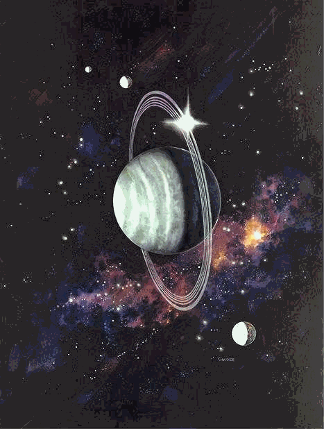 Tekening van Uranus gekanteld op zijn zijde en ringen